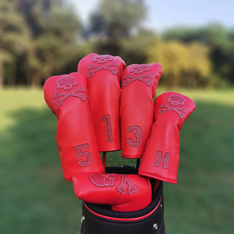 Juego de fundas de cuero para cabeza de club de golf, cubierta de conductor de Calavera, cubierta de madera de fairway, cubierta de taco mixto