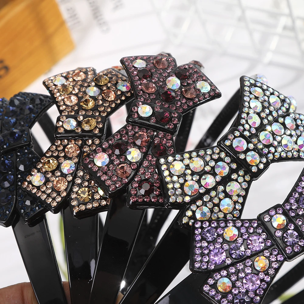 AWAYTR Double Row Bow Rhinestone Hairbands Non-slip Bezel Hair Hoop Crystal Headband for Women Hair Bands Ties Hair Accessories