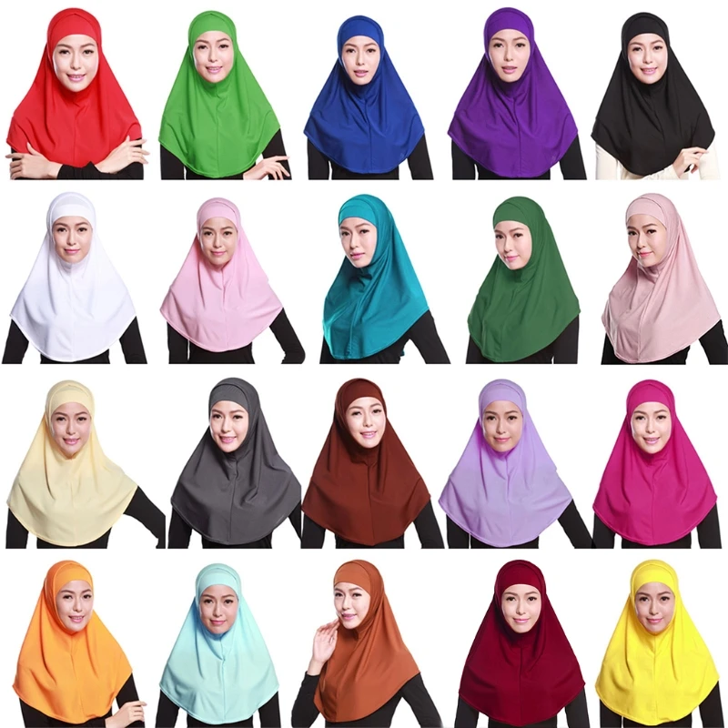 Womens 2 Piece Solid Color Amira Jersey Muslim Hijab Soft Cotton Stretch Head Scarf with Tube Inner Underscarf Cap Hood