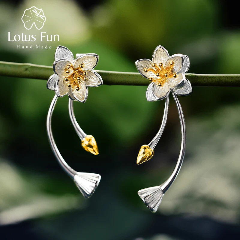 Lotus Fun Real 925 Sterling Silver Lotus Whispers Long Drop Earrings Dual Use Elegant Flower Earrings for Women Fine Jewelry