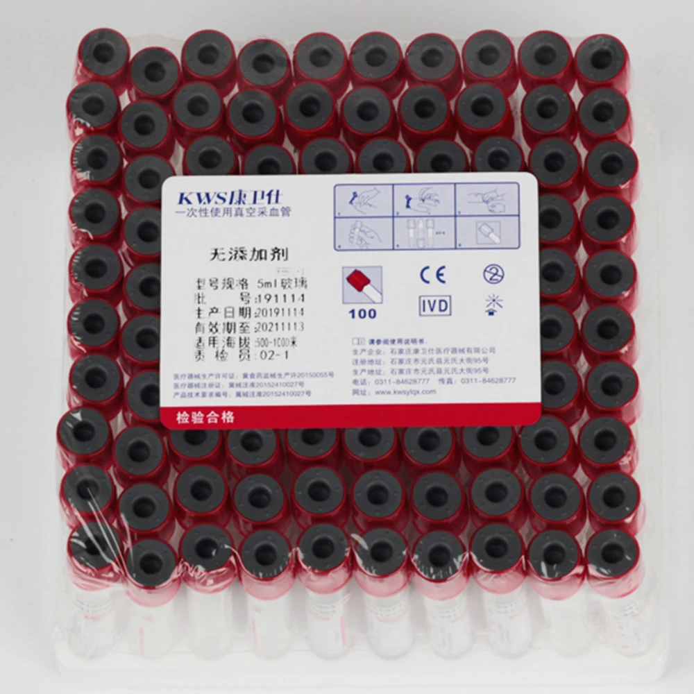 100Pcs / Lot  5ml 10ml Disposable Vacuum Negative Pressure Blood Sample Collection Tube Red Hat Coagulant Serum Tube