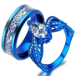 Fashion couple pair ring blue dragon pattern stainless steel male ring exquisite zircon female ring party jewelry accessories