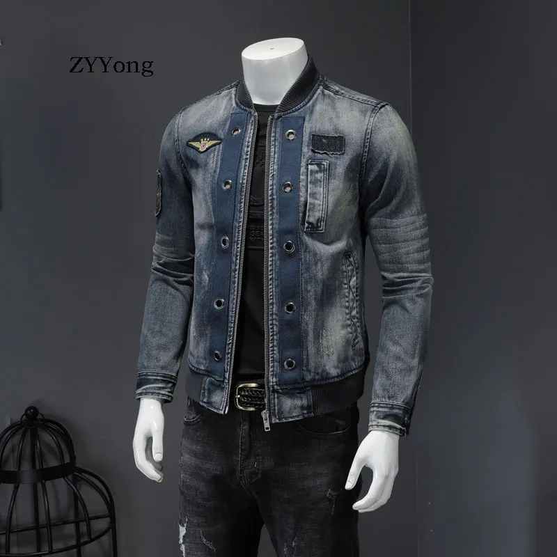 Phong Cách Châu Âu Cổ Áo Đứng Dán Cường Lực Phi Công Lái Máy Bay Ném Bom Xanh Denim Áo Khoác Nam Quần Jean Áo Khoác Xe Máy Áo Khoác Ngoài Quần Áo Áo Liền Quần