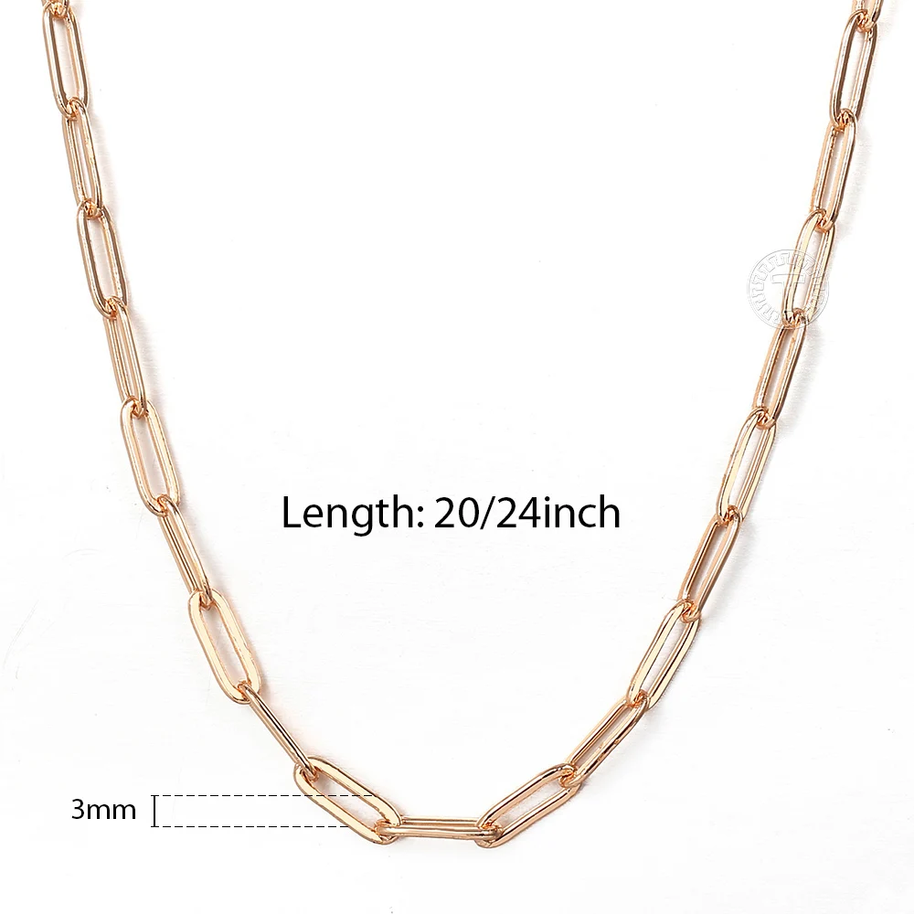 3/4mm Paperclip Chain Necklace For Womens 585 Rose Gold Color Rolo Link Fashion Jewelry Gifts 20/24 inch LCN43