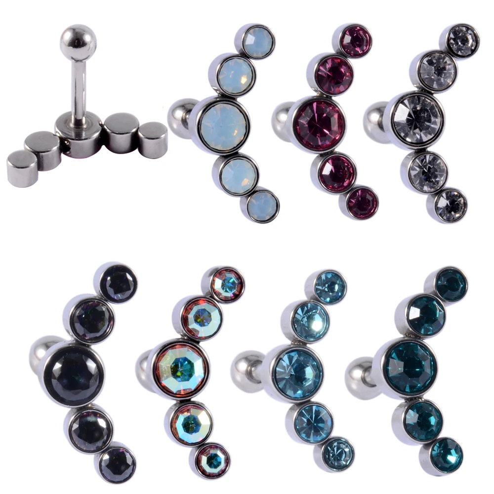 7PCS/Lot Charming Five Crystal Ear Tragus Cartilage Stud Surgical Steel Helix Piercing Screw ball Lobe Earrings Barbell Jewelry