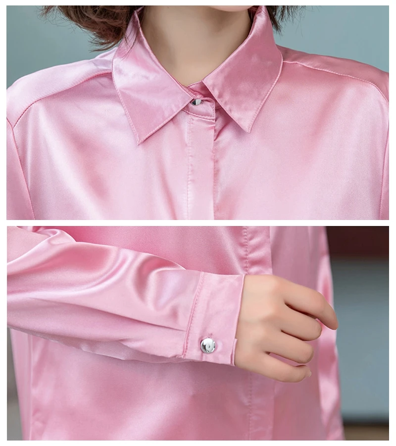 Elegant Office Ladies Work Shirt Women Blouse Long Sleeve Lapel Hidden Buttons Bright Basic Satin Silk Women Shirt Female Tops