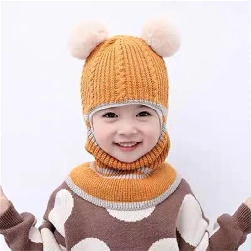 Winter Baby Hat Knit Kids Beanie Hat for Girl Boy Hats Scarf with Cute Headset Pattern Warm Scarf Velvet Lining Caps Baby Cap