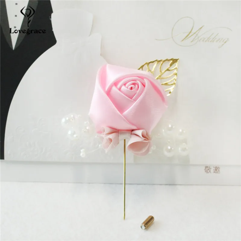 Lovegrace broche pinos de casamento dos homens corsage de seda rosa boutonniere falso pérola reunião festa de formatura decoração menina noivo boutonniere