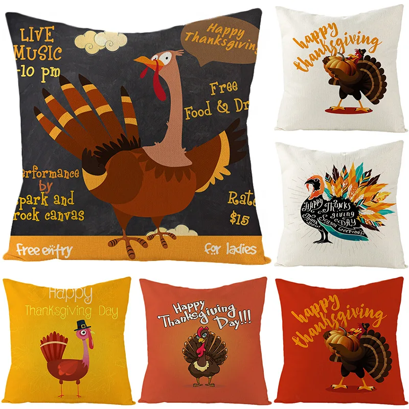 RULDGEE Halloween Flax Pillow Cover 45*45 Turkey Pillow Happy Thanksgiving Day Linen Pillow Case Cover For Home Decoratio