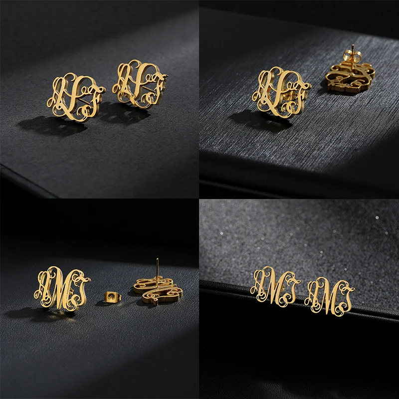 Custom Initial Monogram Letter Earrings Color Stainless Steel Personalized Name Earrings For Women Minimal Stud Earrings