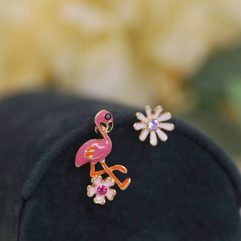 Korean Cute Rhinestone Animal Stud Earrings for Women Girls Painting Oil Lovely Flower Stud Earrings Birthday Party Jewelry Gift