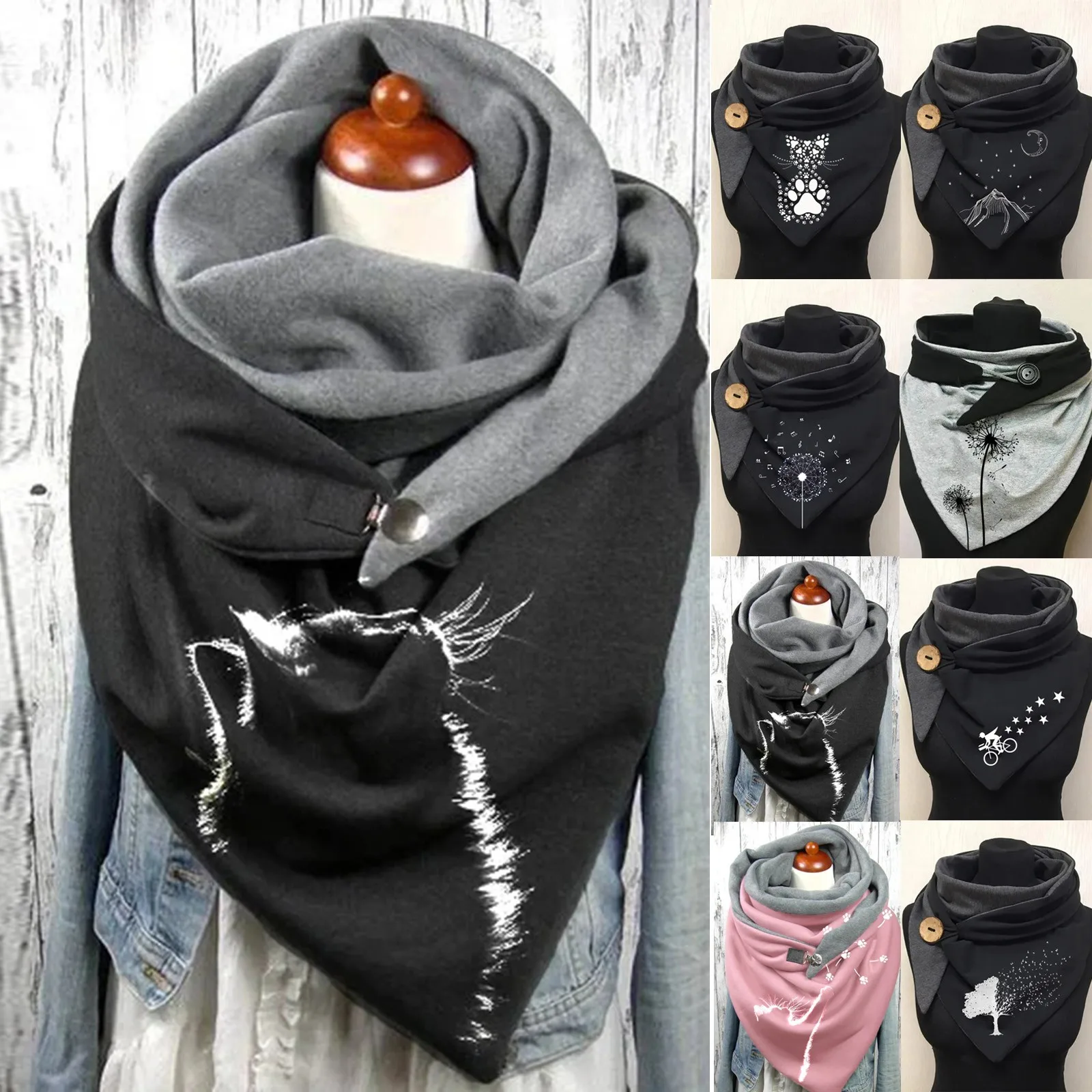 New Fashion Winter Women Scarf Funny Cat Flower Printing Button Soft Wrap Casual Warm Scarves Shawls Scarf Women Cotton Scarves