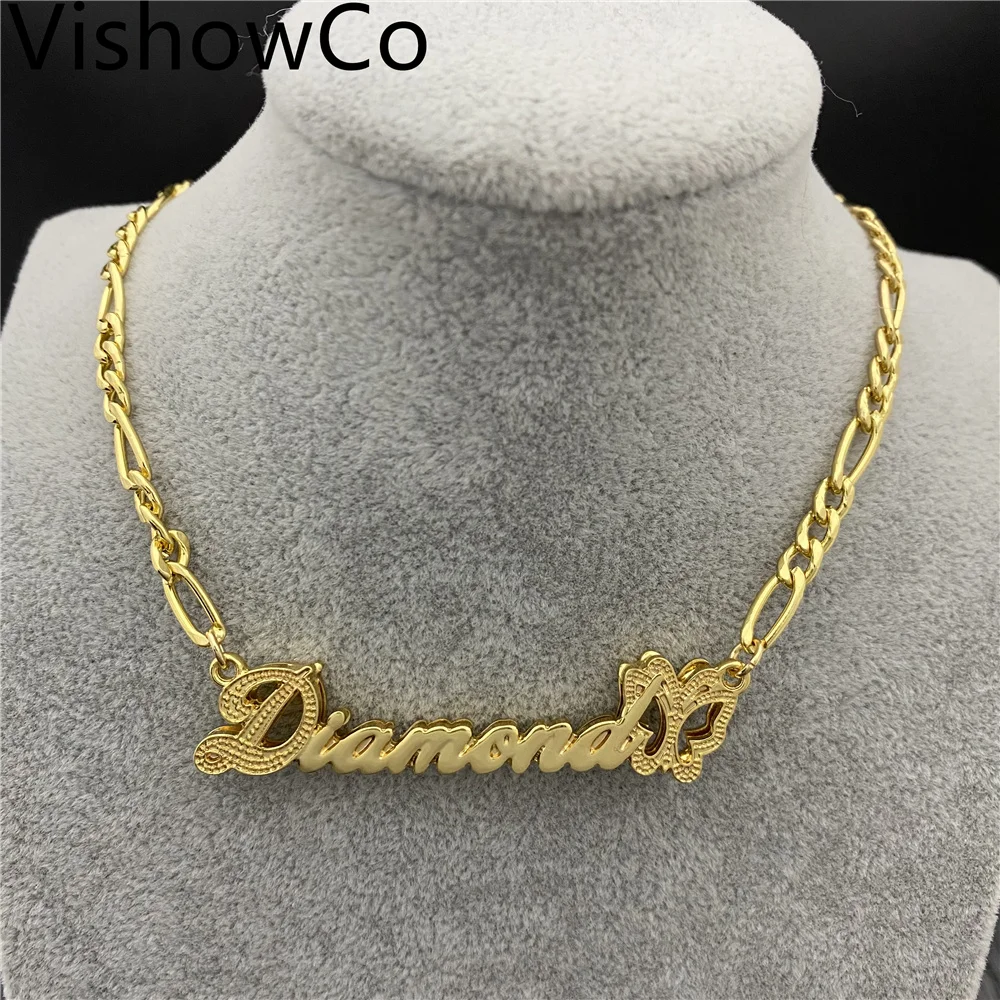 Imagem -05 - Vishowco Colar com Nome Personalizado Colar de com Pingente Jóias Finas e Pingentes com Nome Personalizado Placas Duplas de Ouro e Borboleta 3d Aço Inoxidável