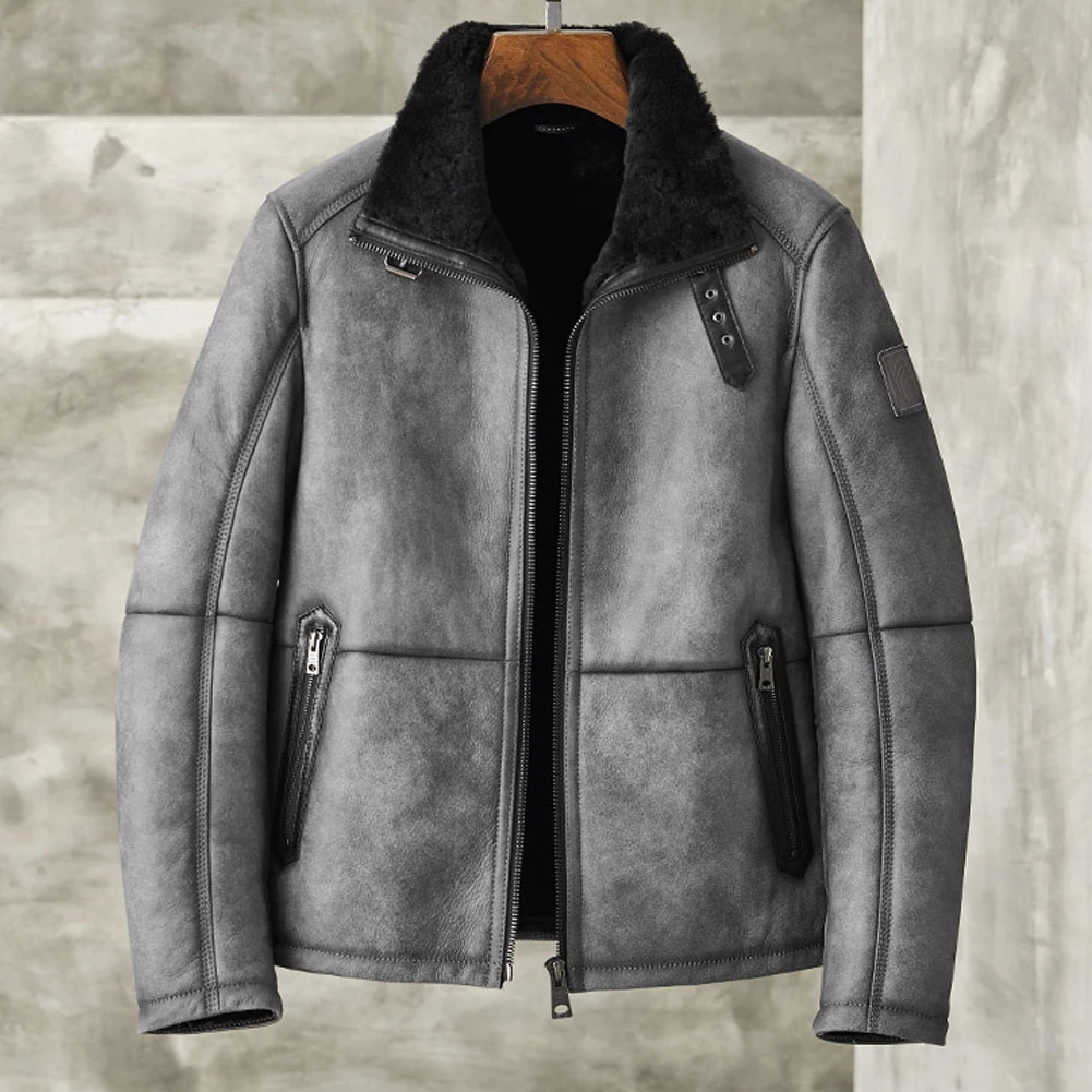 B3 Shearing Jacket Mens Lapel Short Style Leather Jacket Metallic Gray Color B3 Bomber Coat