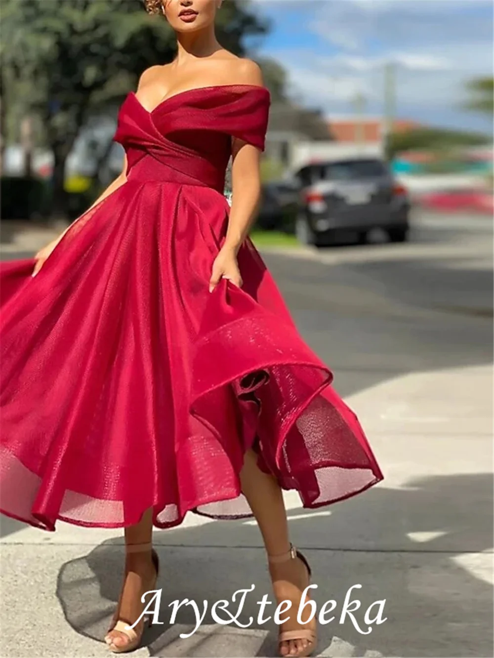 A-Line Empire Minimalist Party Wear Prom Dress Off Shoulder Sleeveless Tea Length Tulle with Pleats 2021