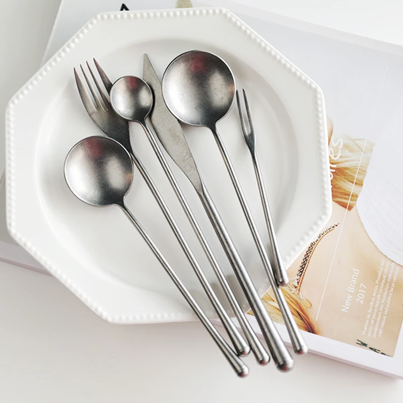 Silver 304 Stainless Steel Western Cutlery Set Retro Dinner Knife Fork Spoon Set Special Forks Coffee Tea Spoon Fruit Fork