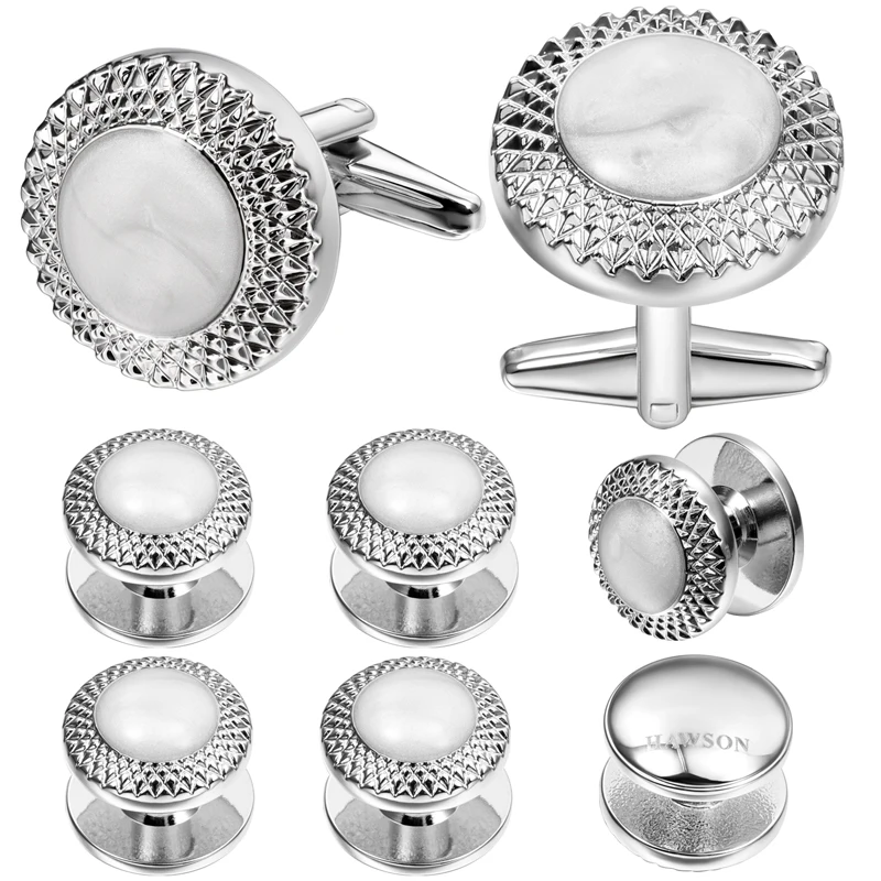 

HAWSON Round Cufflinks and Studs for Men Simple Cuff Links with Mother of Pearl Wedding Business Gift with Jewelry box