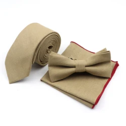 Winter Men's Designer Solid Color Linen Cotton Necktie Pocket Square Bowtie Set Skinny Red Brown Green Blue For Men Wedding Tie