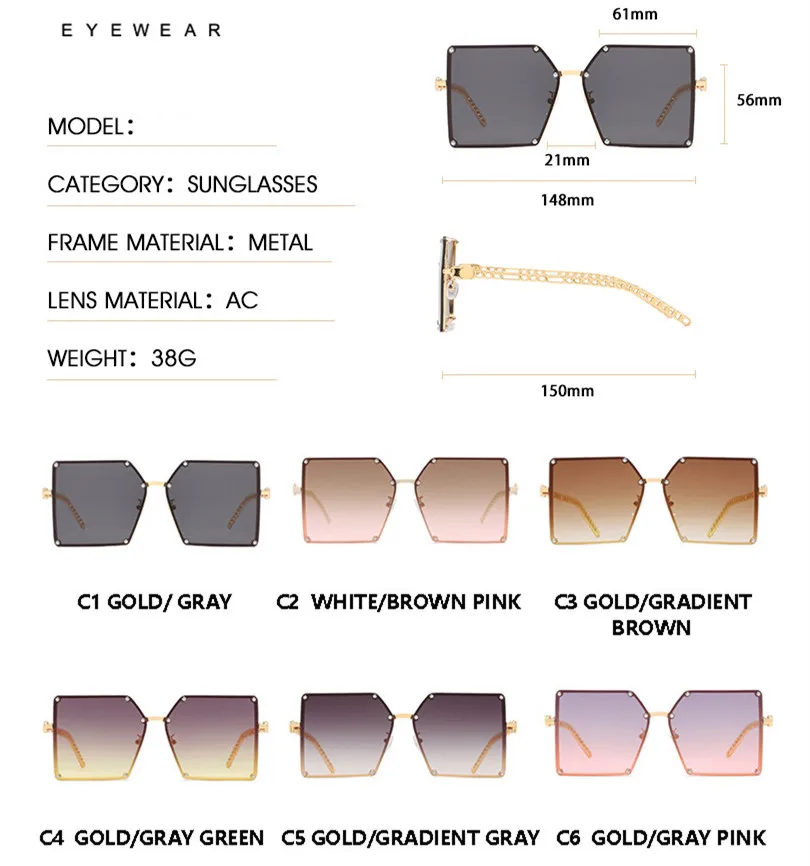 New Square Sunglasses Women Fashion Oversized Metal Frame Vintage Glasses Men Shades Retro Gradient Colors Oculos UV400