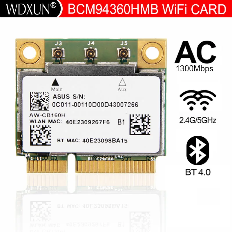 AzureWave AW-CB160H Broadcom BCM94360HMB 802.11AC 1300 Mbps Wireless WIFI WLAN Bluetooth 4,0 Mini PCI-E Karte + 20 cm MHF4 Antennen