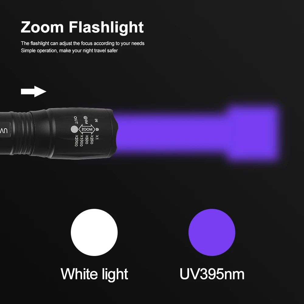 Zoomable UV Flashlight 2 In 1 White&UV 395nm Purple Torch Black Light Ultraviolet Urine Detector for Pet Urine Catch Scorpions