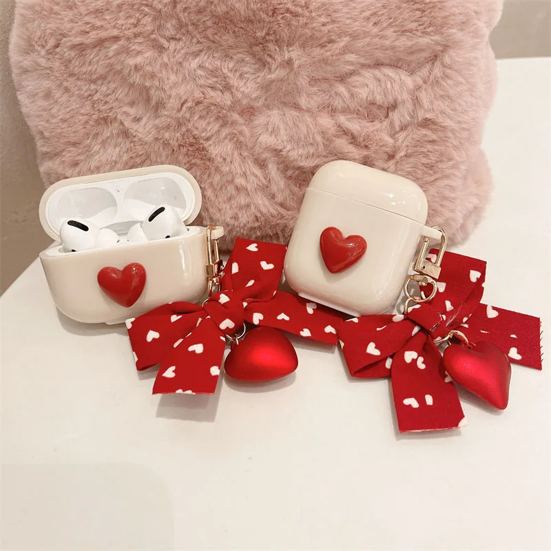 خمر الأحمر الحب القلب المفاتيح ل أبل airpods 3 برو 2 غطاء لطيف القوس البيج سماعات حالات ل airpods 4 سماعة صندوق