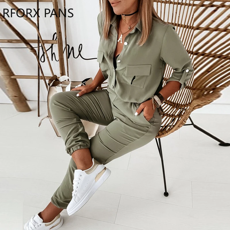 Solid Long Sleeve Elastic Waist Jumpsuit Office Lady Casual Look for Women 2020