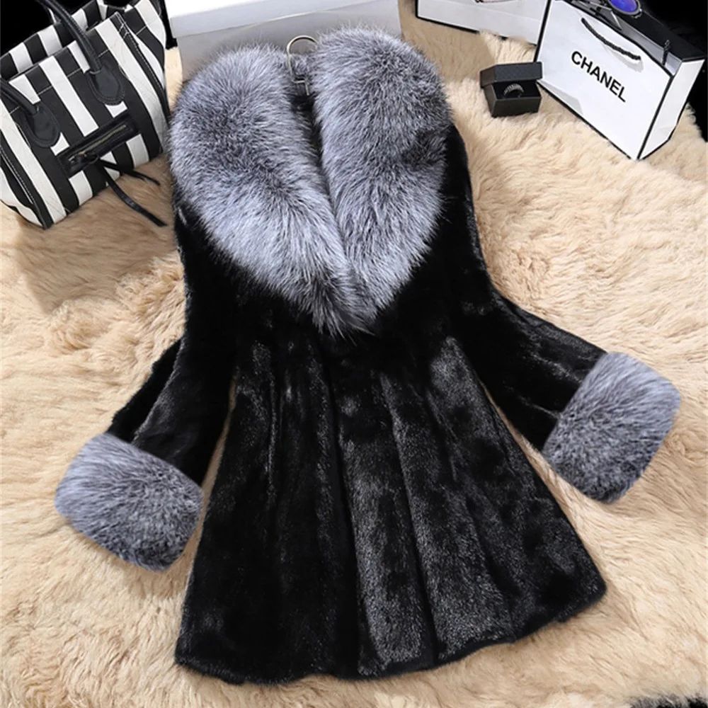 

S/9XL Women'S Long Fake Fox Fur Collar Jacket Casual Slim Faux Mink Fur Coat Large Size Patchwork Femlae Winter Outwear J273