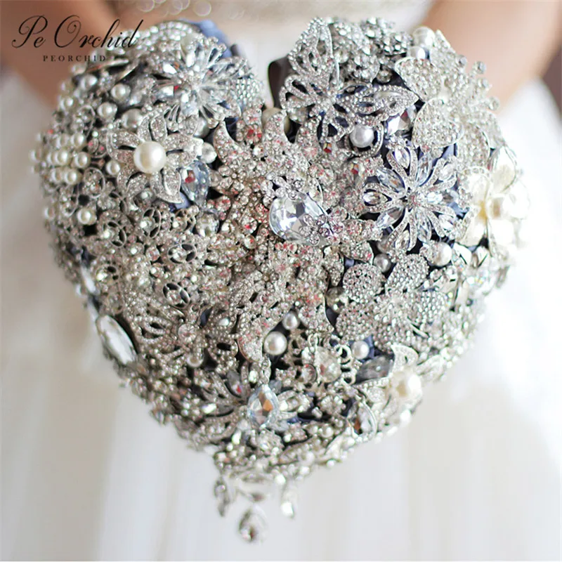 

PEORCHID Handmade Silver Crystal Wedding Bouquet Brooch Bling Brides Hand Holding flowers Luxury Diamond Jewelry Bouquets