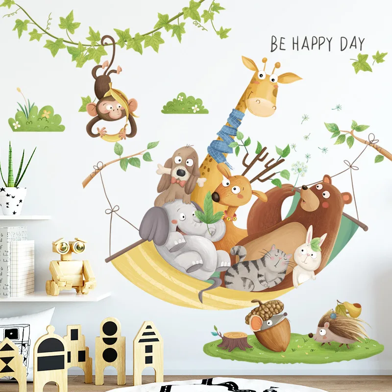 Big Squeezing Hammock Animal Wall Sticker for Children Room Kindergarten Bedroom Cartoon Mural Decals Desk Cupboard Decoration