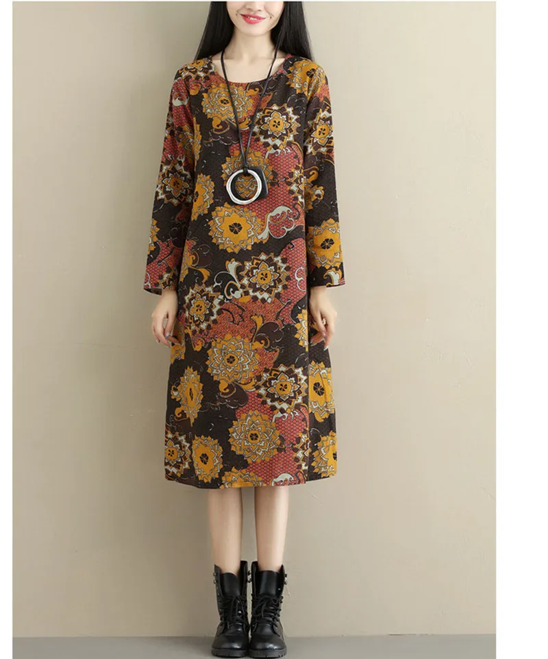 Fashion 2020 Autumn Winter Dress Women Vintage Ethnic Print Casual Loose Cotton Linen Dresses Vestidos Plus Size WXF560