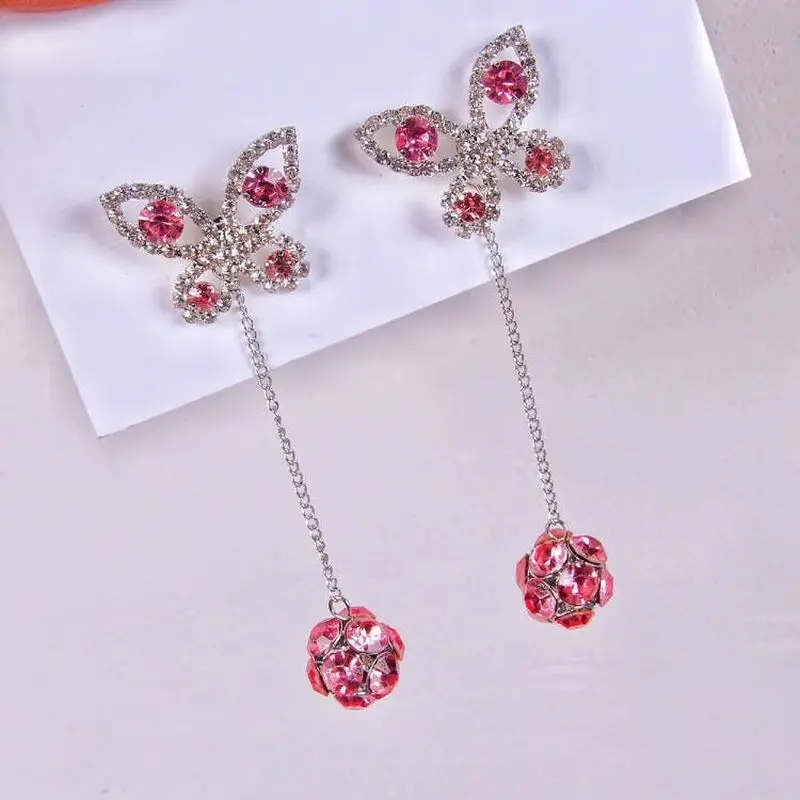 MWSONYA Trend Korean Luxury Rhinestone Butterfly Long Drop Earrings Women Fashion After Hanging Crystal Ball Pendientes Jewelry