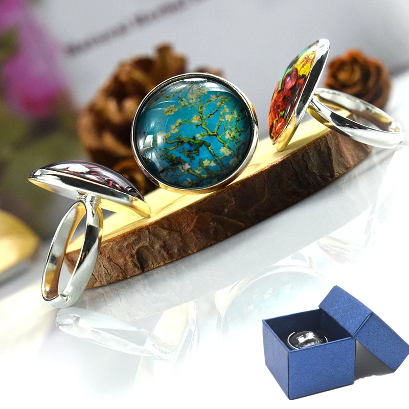 Fashion Adjistable Men\'s Women\'s Ring Van Gogh Art Sunflowers Starry Night Glass Dome Ring