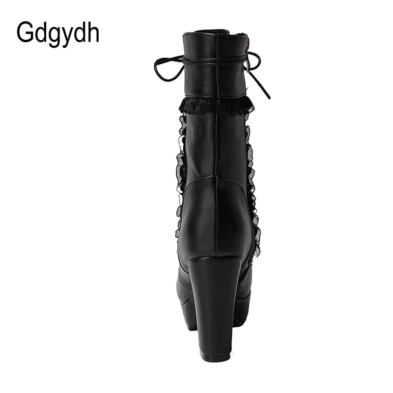 Gdgydh 2022 Autumn Winter Short Boots For Women High Hoof Heels Lace-up Ankle Strap Buckles Female Ankle Boots Fashion Ruffles