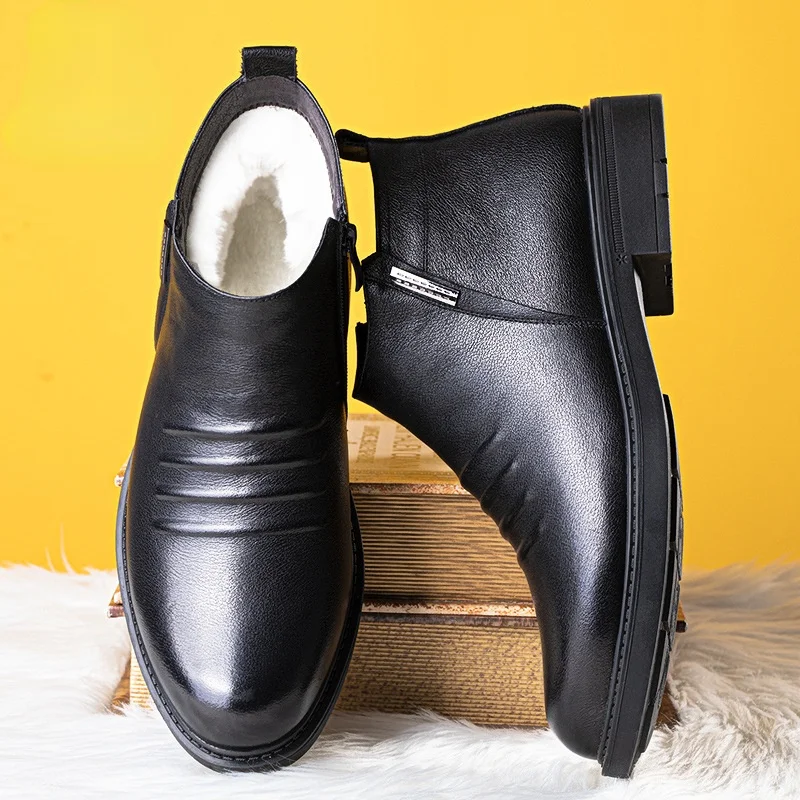 Genuine Leather Chelsea Boots Men Wedding Dress Shoes Formal Men\'s Ankle Boots Business Winter Elegant Plush Warm Boots