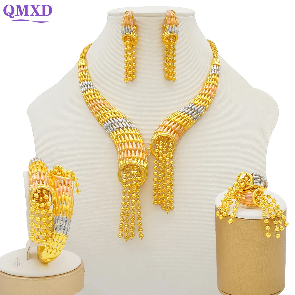 Dubai Gold Color Jewelry Sets For Women Bridal Luxury Necklace Earrings Bracelet Ring Set Indian African Wedding Gifts