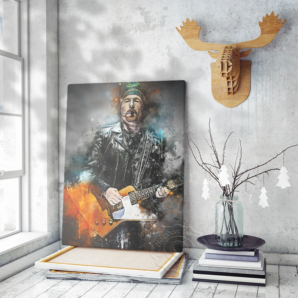 Ireland Band Guitarist The Edge Art Poster, Post Punk Alternative Rock Music Watercolour Mural, Fans Collecting Art Prints Decor