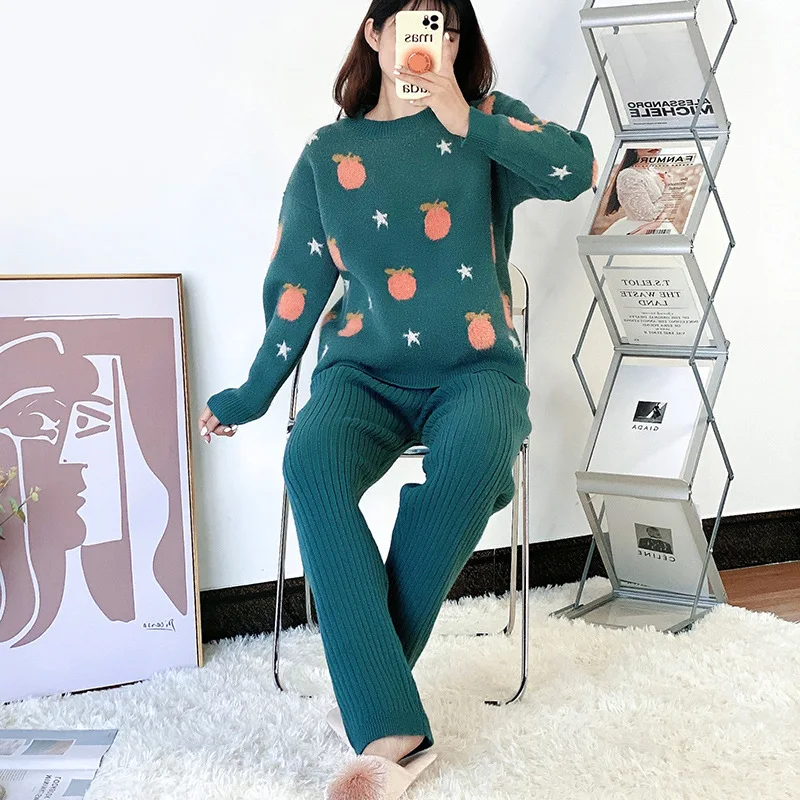 Fruit Print Pajamas Fluff Women's Pyjamas Warm Winter Sleepwear Coral Fleece Nightwear Long Sleeve Pijamas Comfort Home Clothes