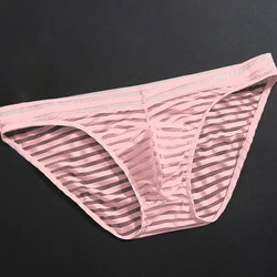 Men's Sexy See-through ice silk men underwear Briefs Mesh Sheer Pouch Stretchy striped Panties Transparent Thin Thongs Lingerie