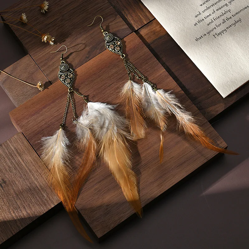 Boho Long Retro Feather Exaggerated Earrings Women Thailand Indian Drop-shaped Rhinestone Chain Tassel Earrings Wedding  Jewelry