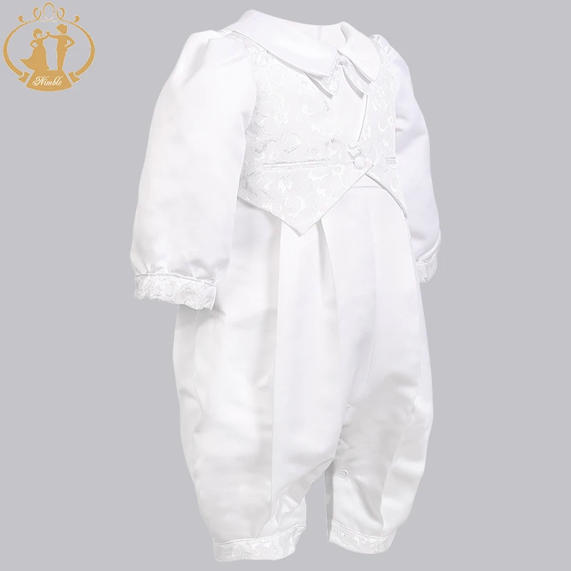 Newborn Baby Boy Baptism Outfits Clothes Cotton Broadcloth Single Breasted Solid Full Sleeve Set Bow Lace Christening Gown