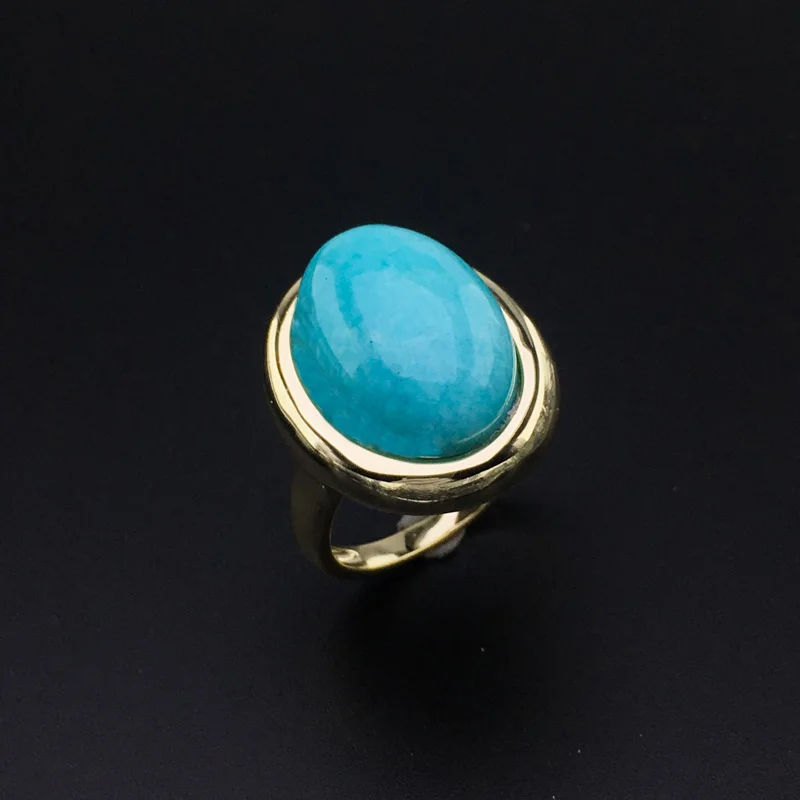 FFGems Natural Amazonite Sterling Silver 925 Ring Big Blue Color Gemstone Simple Fine Jewelry Women Engagement Wedding Gift