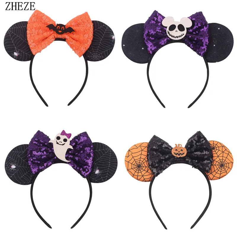 Spider Halloween Festival Headband 5'' Sequin Bow 3.3'' Mouse Ears Hairband For Girl Woman DIY Boutique Party Hair Accessories