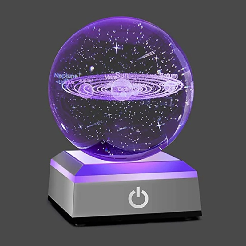 3D Solar System K9 Crystsal Ball Laser Engraved Planets Cosmic Model Glass Sphere Touch Switch LED Light Base Astronomy Gift