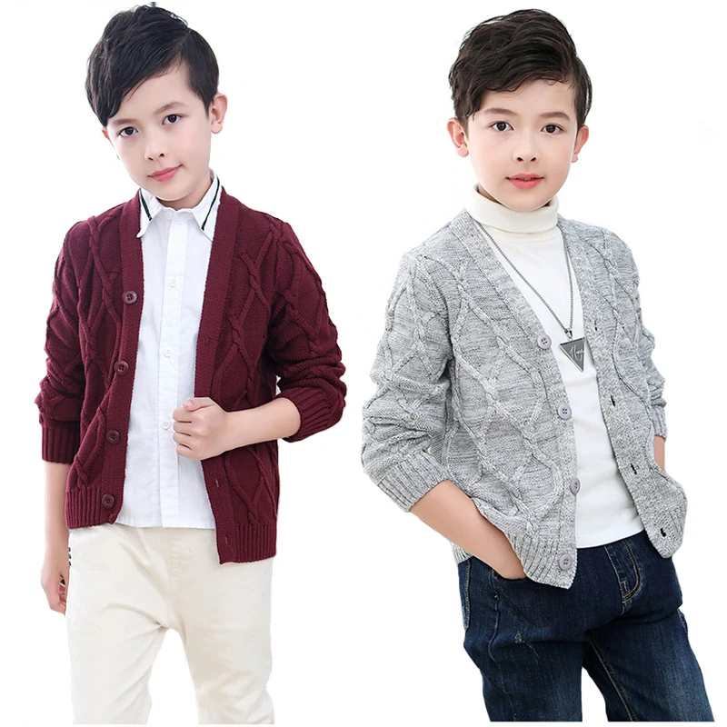 

Hot Sales Spring Autumn Boys Sweater Solid Color Keep Warm Knitting Jacquard Weave V-neck Cardigan For 2-10 Years Old Kids