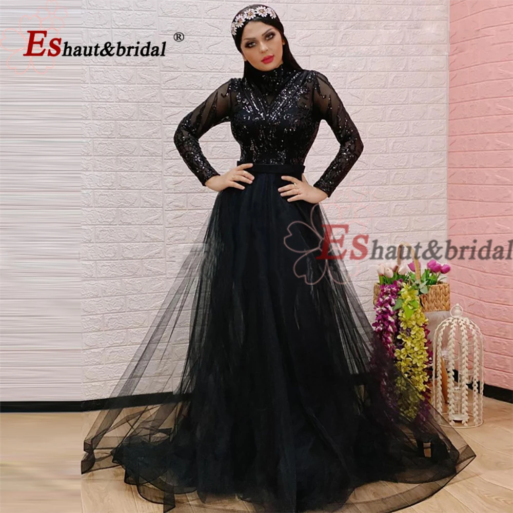 Elegante Moslim Dubai Avond Nacht Jurk Voor Vrouwen 2023 Hoge Hals Lange Mouwen Sequin A-lijn Formele Prom Wedding Party Jurken