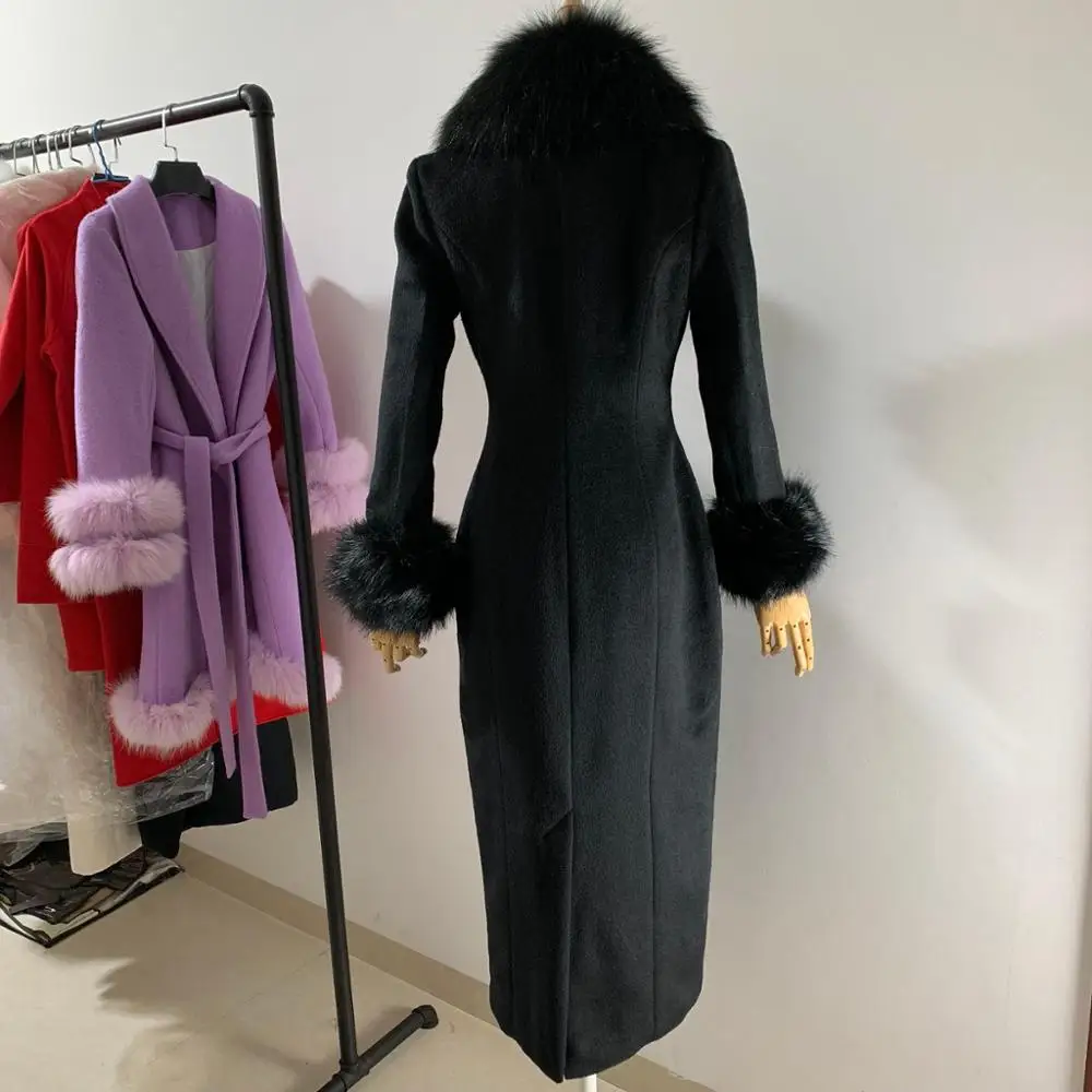 Inverno moda donna cappotto di lana alta imitazione grande collo di pelliccia di volpe cappotto di cashmere nero femminile doppio petto slim outwear