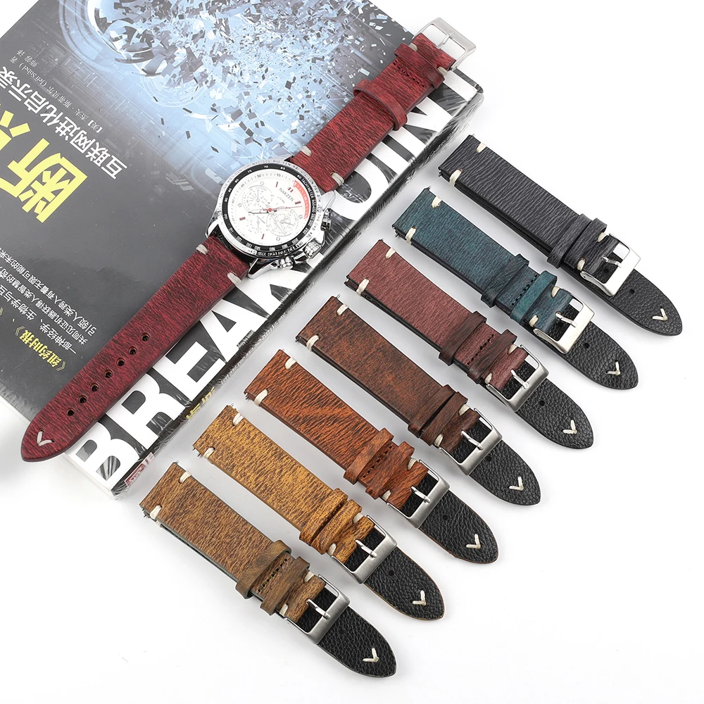 Onthelevel Leather Watch Band Handmade Vintage Watch Strap Stitching Design Wristband Calfskin Strap Blue Black Red #B