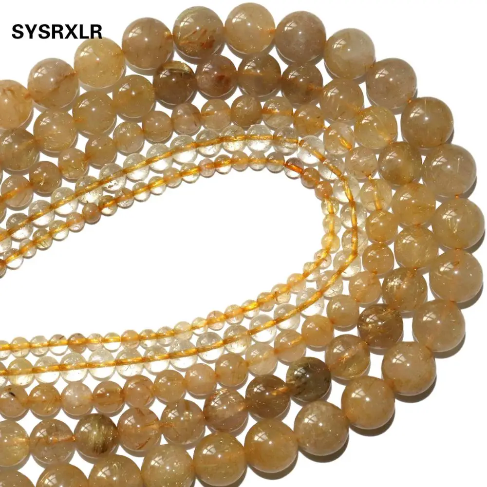 Natural Yellow Rutilated Quartz Citrines Stone Round Loose Spacer Beads For Jewelry Making DIY Bracelets Necklace 4/6/8/10/12mm