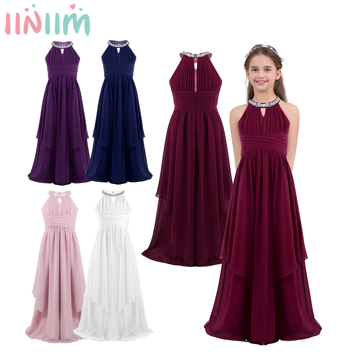 

iiniim Kids Girls Chiffon Dress Sequined Halter Flower Girl Dress Princess Pageant Bridesmaid Vestidos Birthday Party Dresses